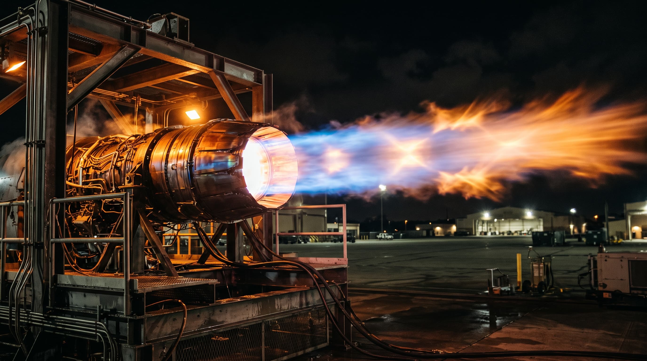 A VX-40 adaptive cycle engine firing full afterburner on an outdoor test stand at night