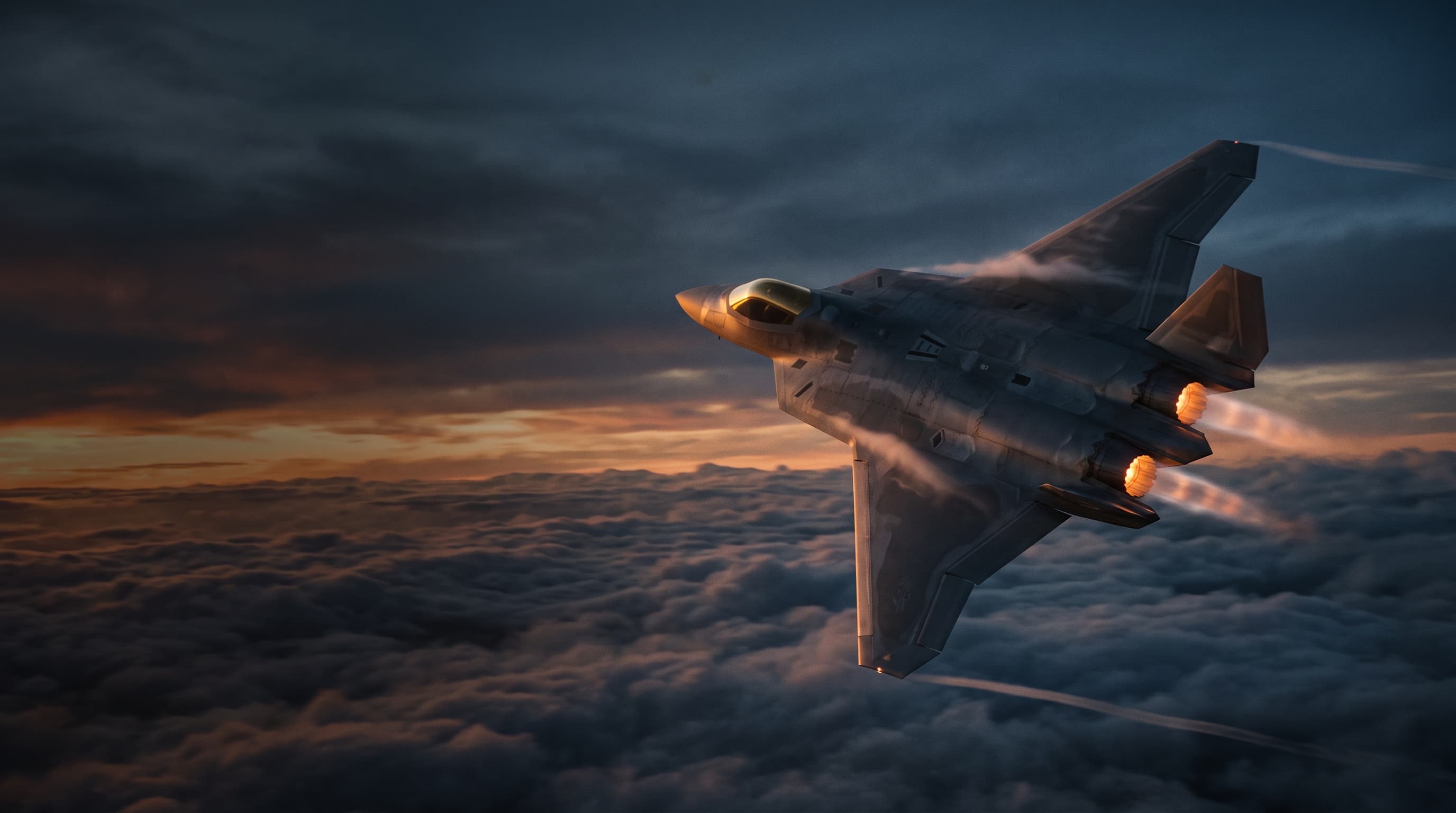 The AX-9 Seraph banking hard above a sea of clouds at dusk, engines glowing
