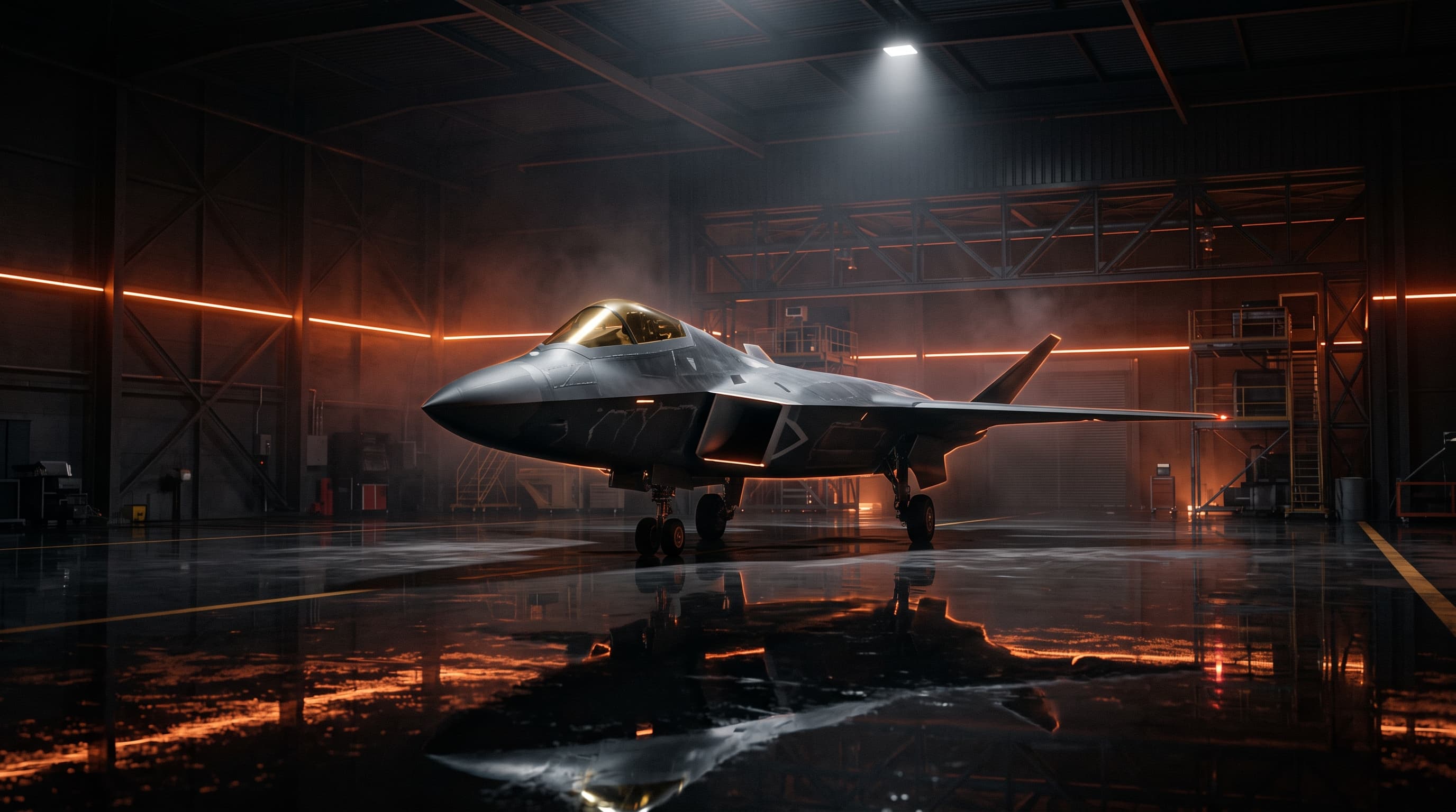 The AX-9 Seraph parked in a dark hangar under a single overhead light, reflected in the wet floor