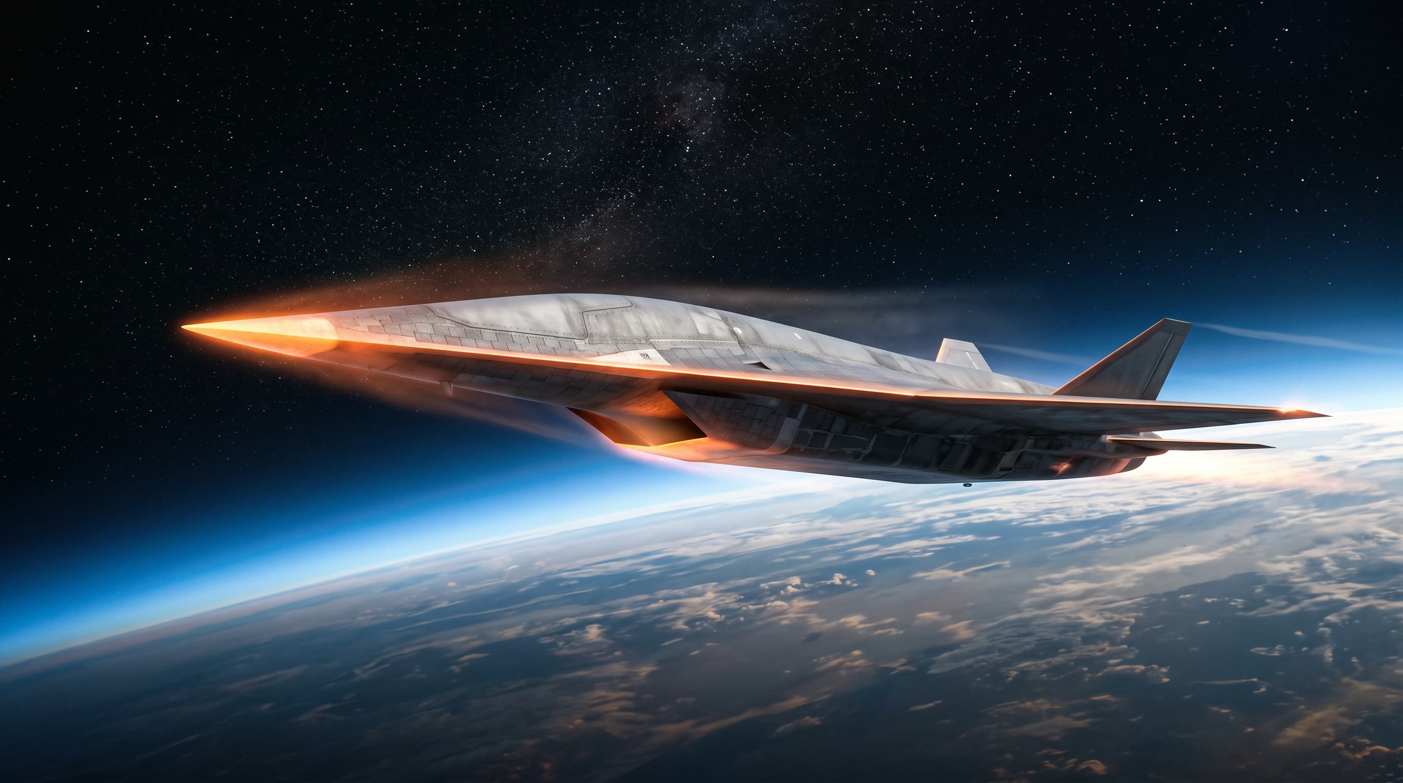 The AX-11 Solstice cruising at the edge of space, its leading edges glowing orange from friction