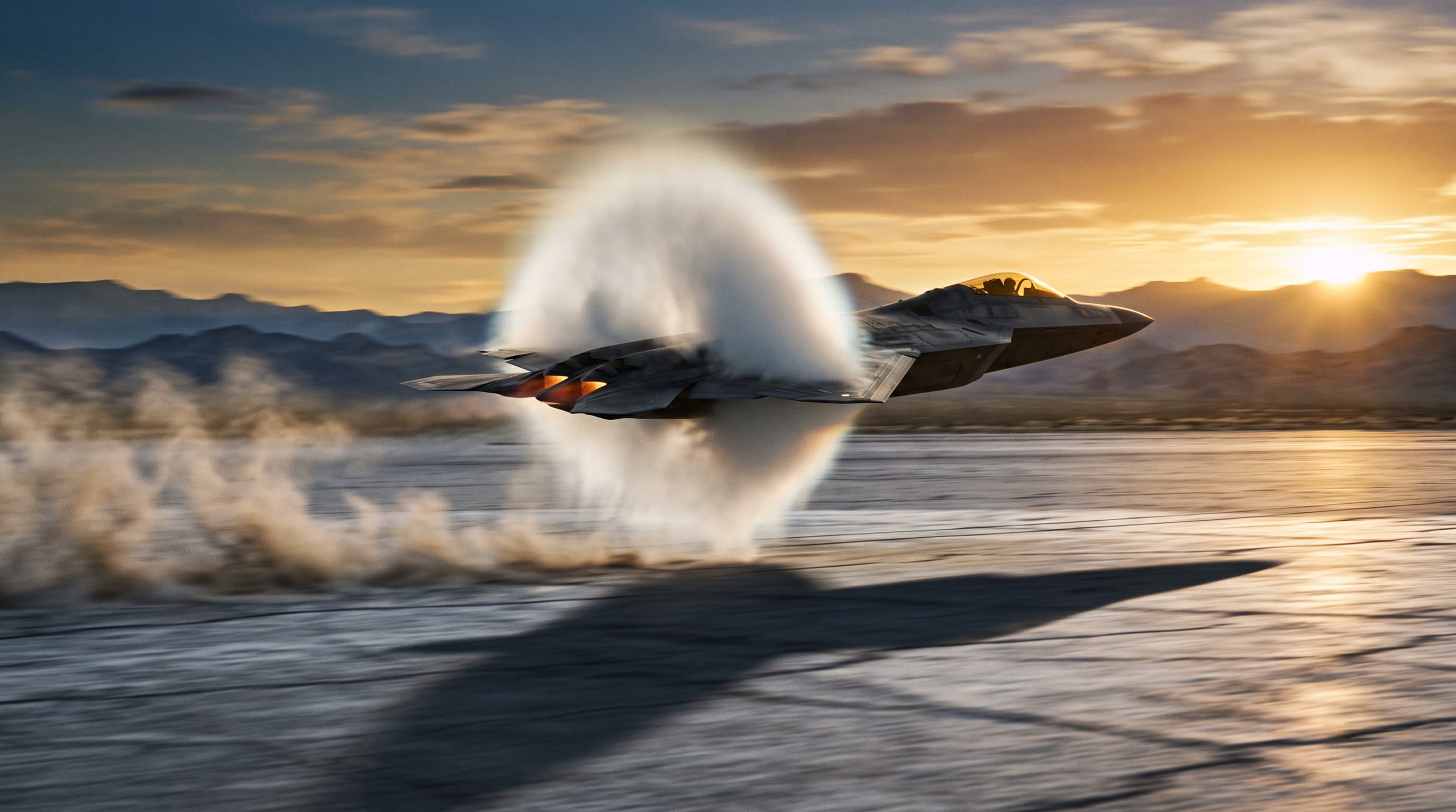 An Aethon fighter punching through a vapor cone at transonic speed, low over a desert salt flat at sunrise