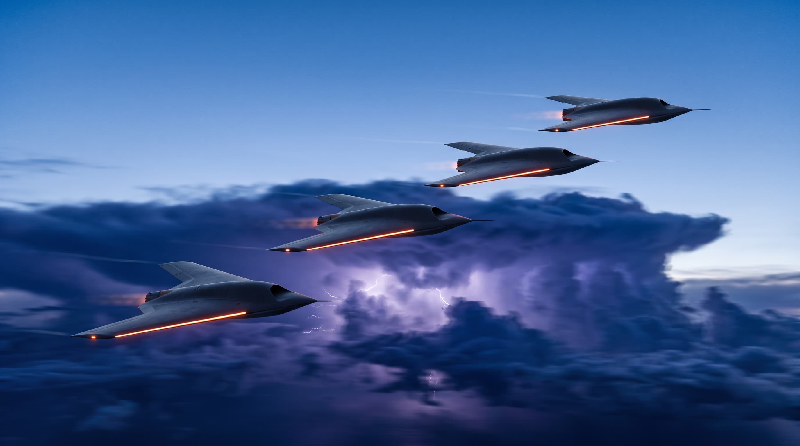 Four AX-6 Wraith drones flying in echelon formation above a thunderstorm at blue hour